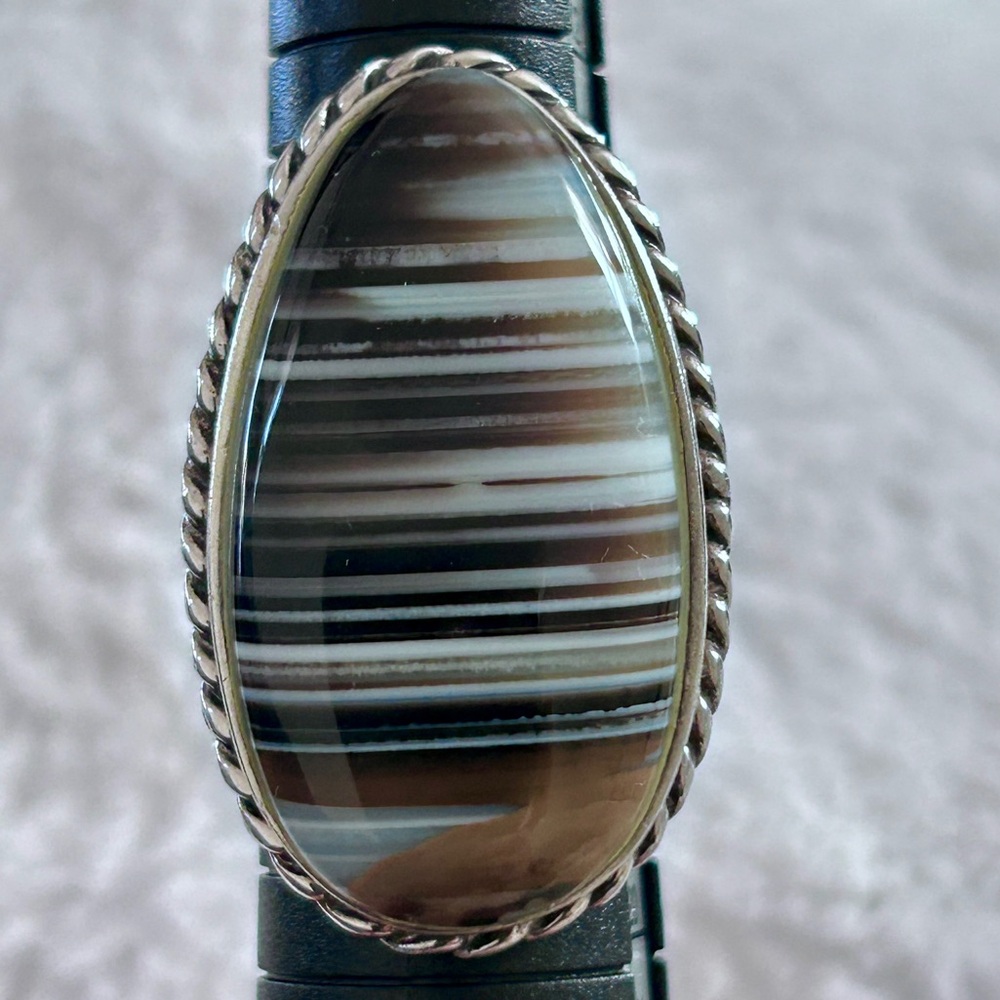 Vintage Sterling Striped Cabochon Stone  Statement Ring size 7.5